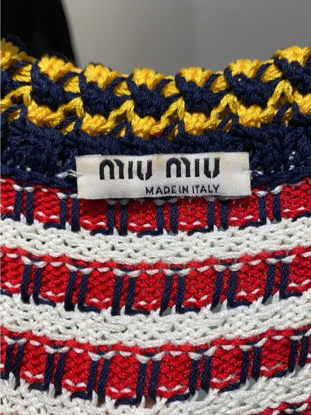 🚩steal Miu Miu Red, White & Navy Striped Crochet Top with Yellow Trim - Picture 3 of 7